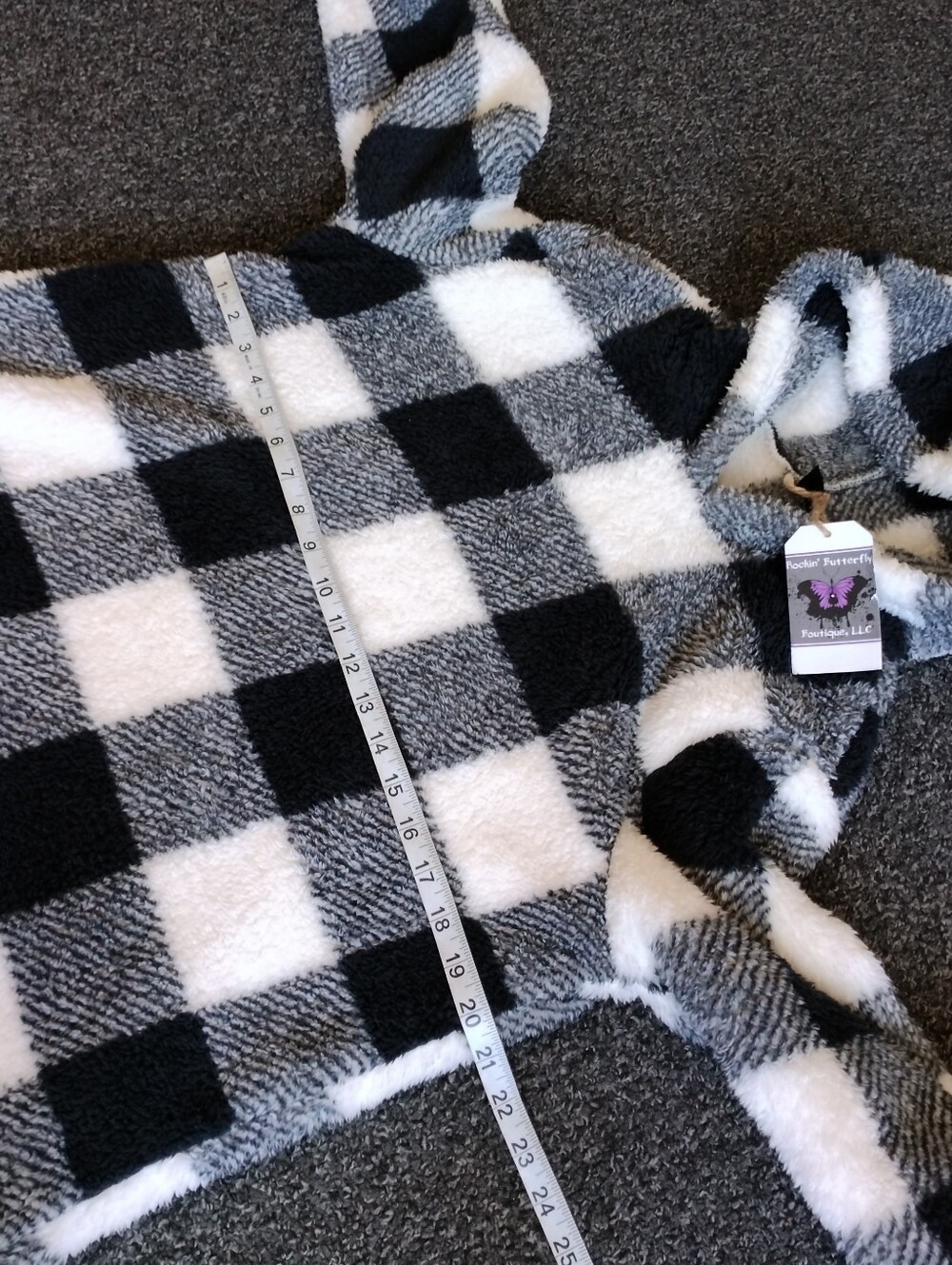 Fleece Black & White Check Pullover Hoodie Hooded Sweatshirt Womens Large - Picture 5 of 9